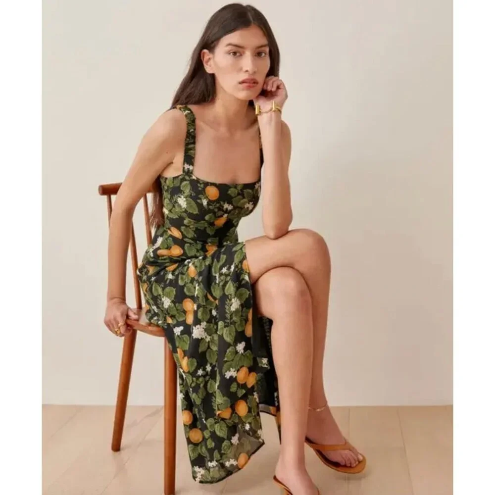 Reformation Dominique Midi Dress in Clementine Black Orange Strapless Size 10